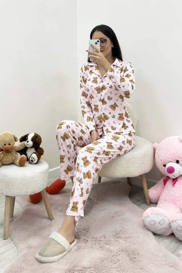 Süet Düğmeli Pijama Takımı Pembekahve 4