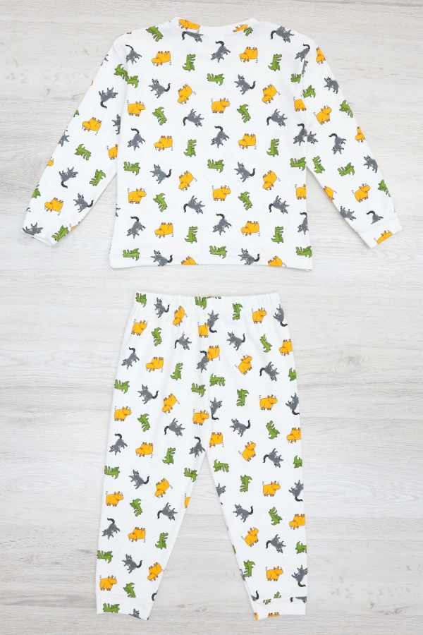 Erkek Çocuk Beyaz Turuncu Pamuklu Rahat Kalıp Pijama Takımı 7