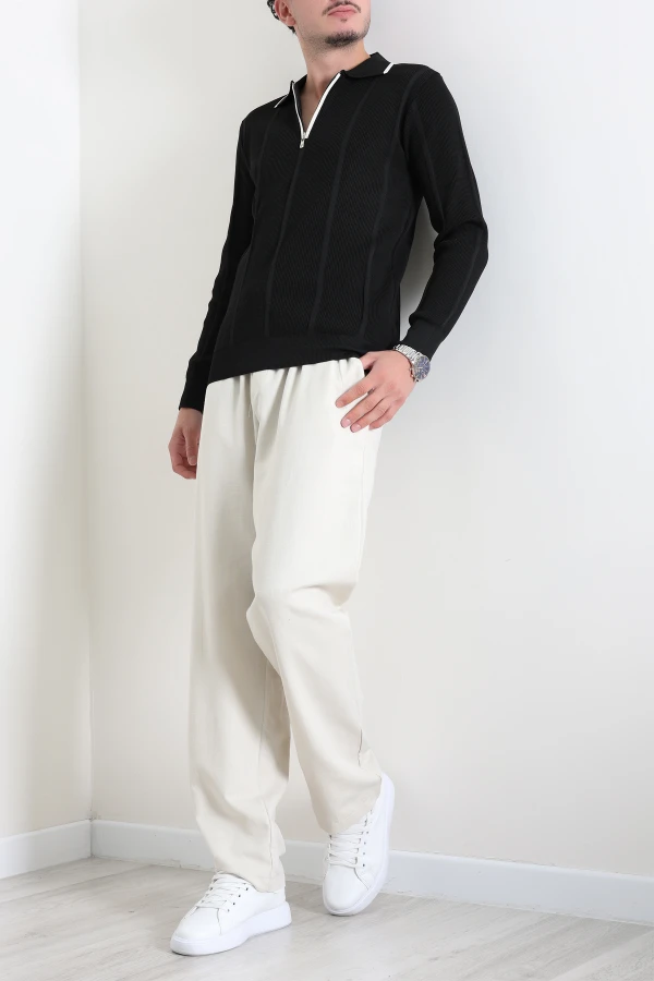 Çizgili Polo Yaka Erkek Triko Sweat Siyah