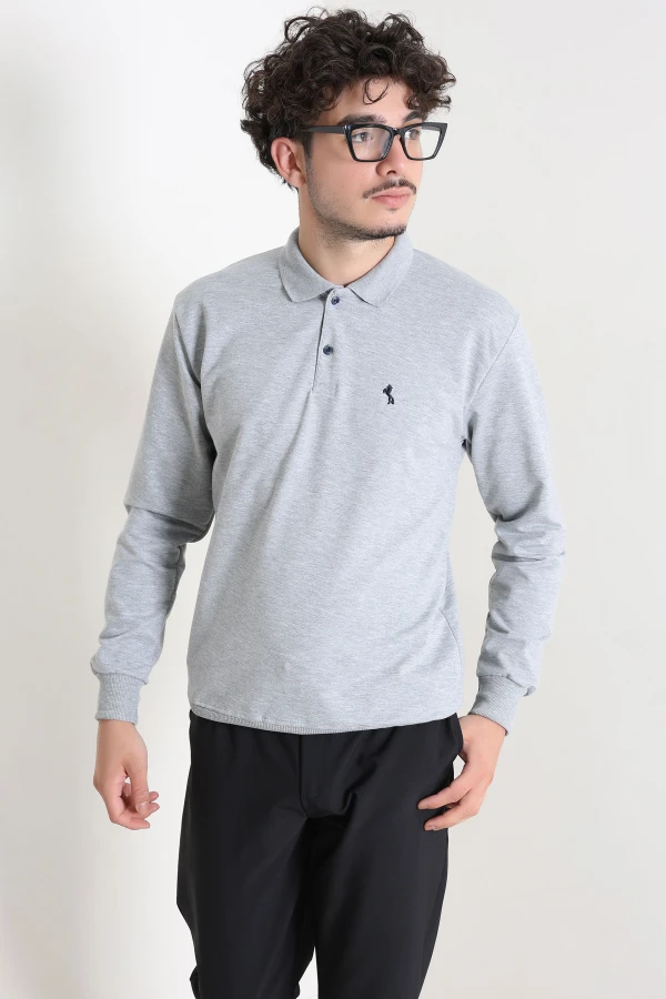 2 İplik Likralı Polo Yaka Erkek Sweat Gri 5