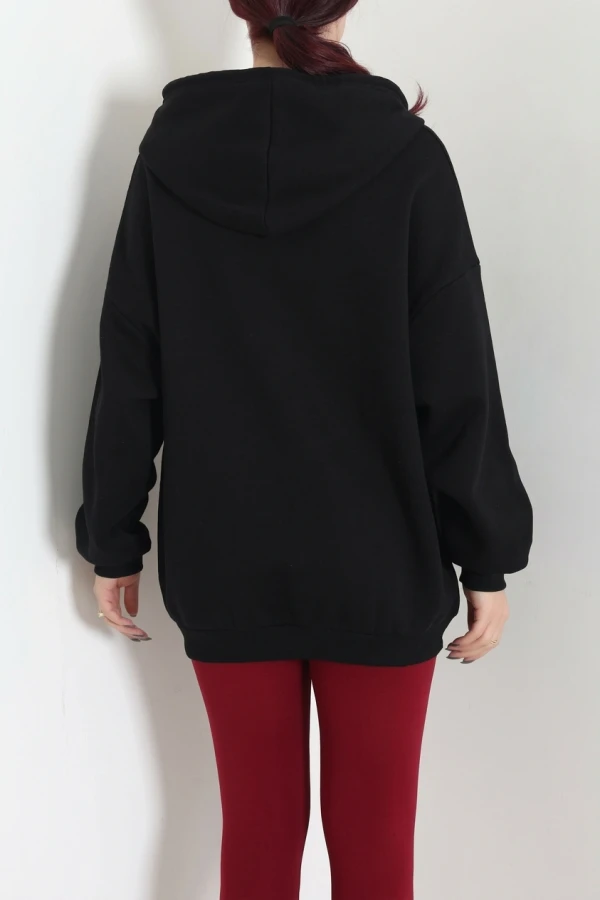 Kadın Siyah 3 İplik Şardonlu Penye Metal Fermuarlı Salaş Sweat 8