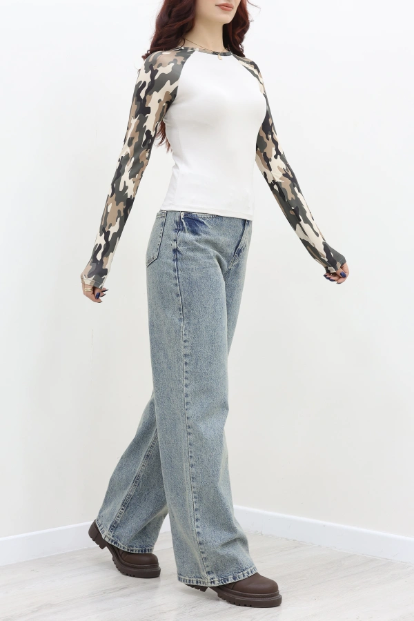 Kadın Haki Kamuflaj Desenli Body Taş Baskılı Slim Fit 2