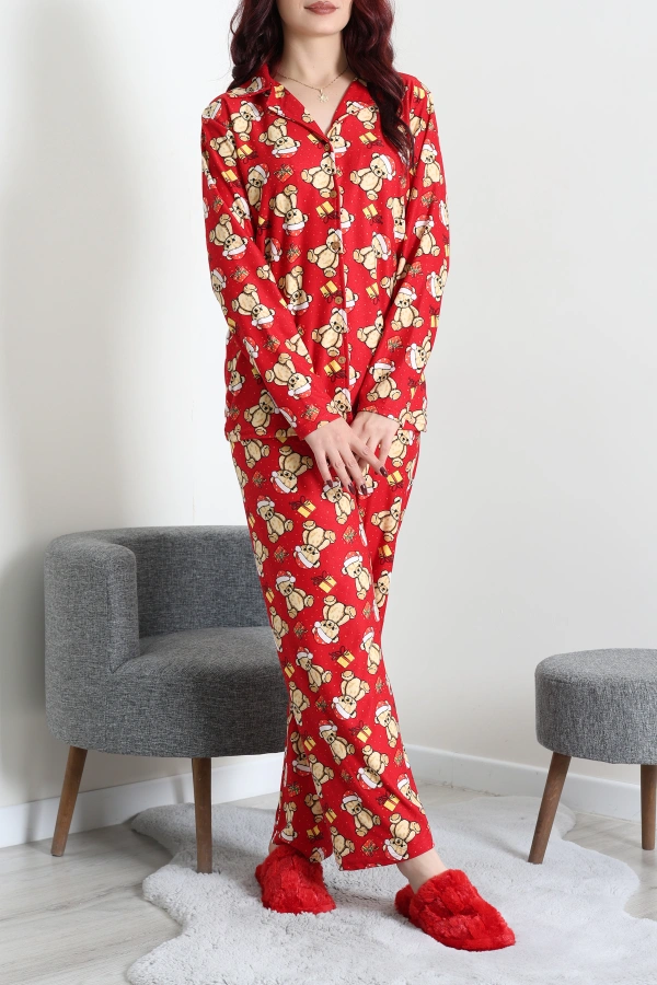 Kadın Kırmızıvizon Süet Düğmeli Rahat Pijama Takımı 5