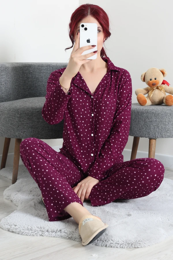 Kadın Mürdüm Süet Düğmeli Pijama Takımı Rahat Kalıp 6