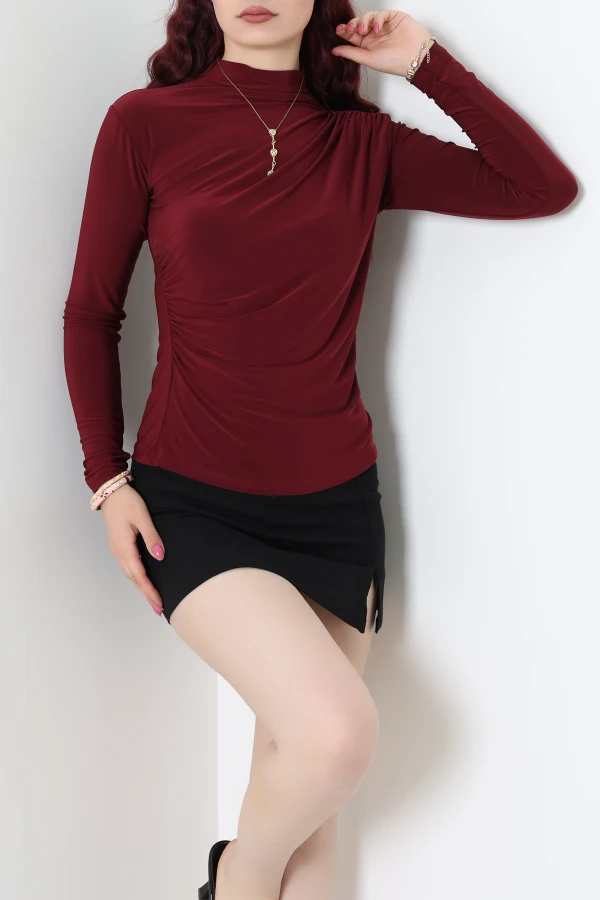 Drapeli Dik Yaka Sandy Bluz Bordo 2