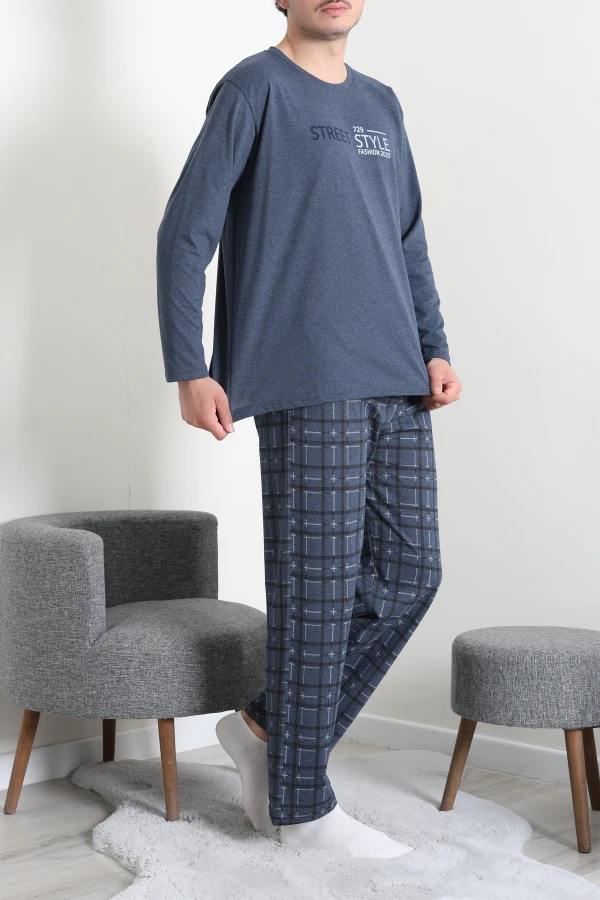 Erkek Lacivert Süprem Ekose Bisiklet Yaka Uzun Kol Cepli Pijama Takımı 4