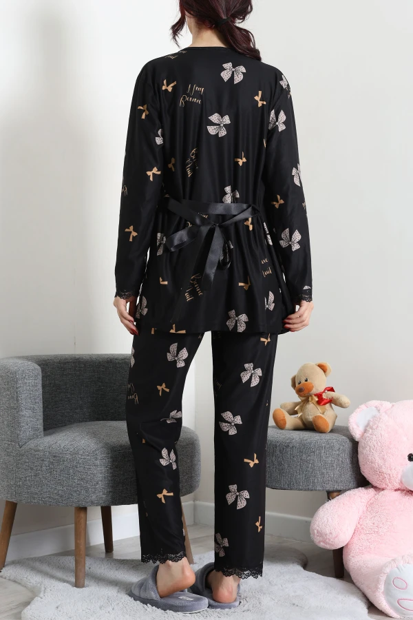 Süet 3'Lü Pijama Set Siyahbej 7
