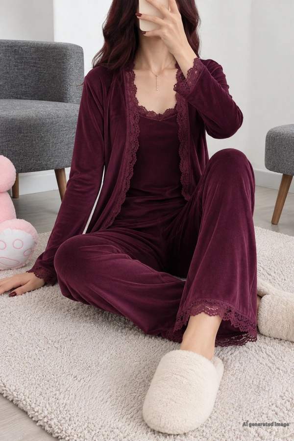 Fransız Kadife 3'Lü Pijama Seti Mor