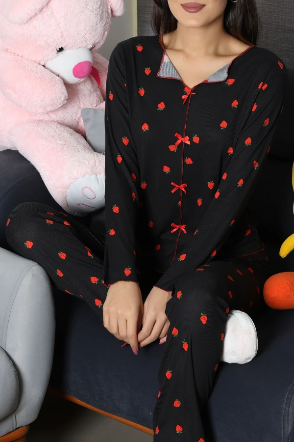 Kadın Siyah Kaşkorse Askılı Fitilli Pijama Takımı 3