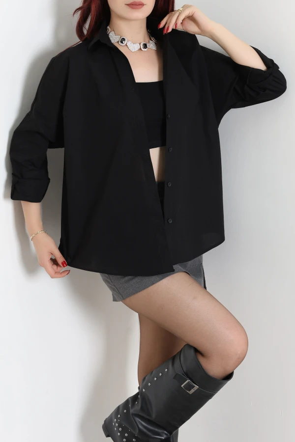 Oversize Poplin Gömlek Siyah 5