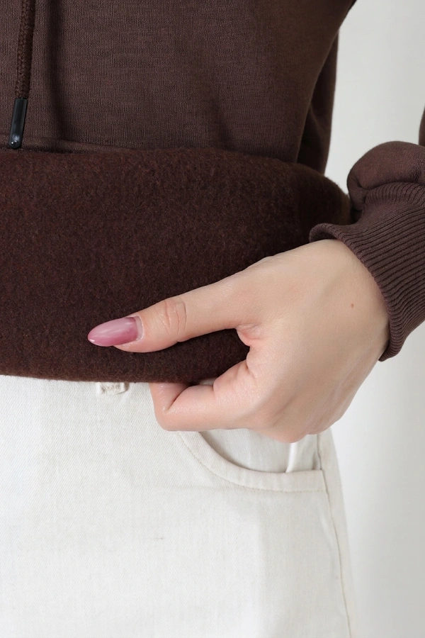 Kadın Kahve Üç İplik Kapüşonlu Nakışlı Sweatshirt Tunik 8