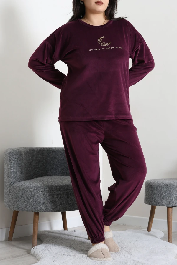 Fransız Kadife Büyük Beden Pijama Takımı Mor 4