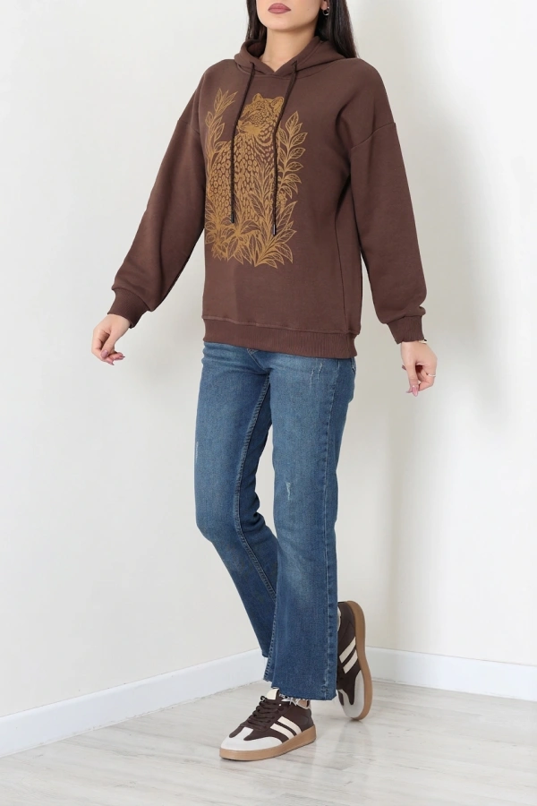 Kadın Kahve Üç İplik Kapüşonlu Baskılı Sweat Tunik 6