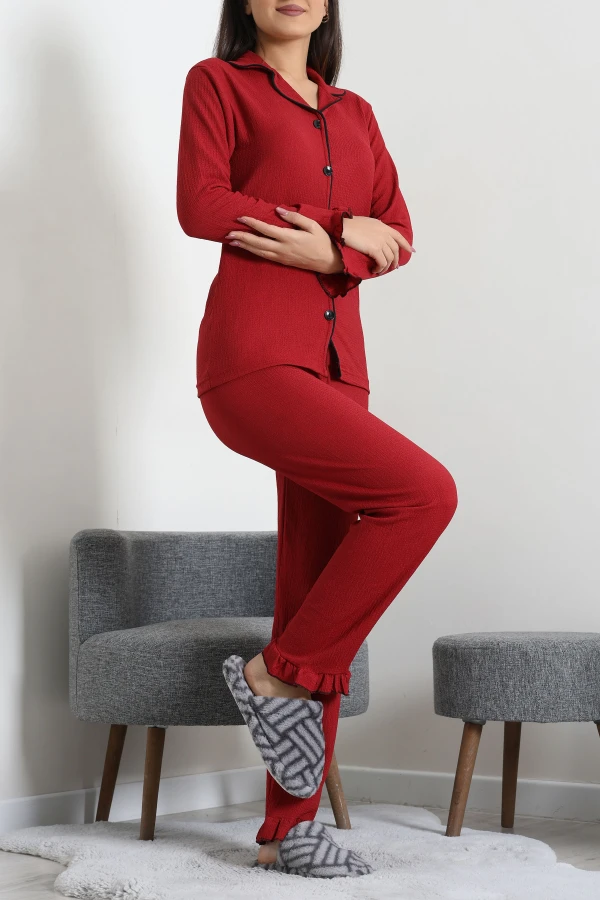 Kadın Bordo Bürümcük Düğmeli Pijama Takımı Rahat Kalıp 6