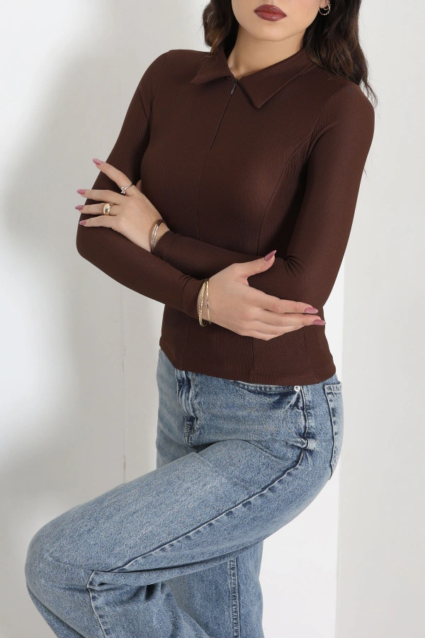 Polo Yaka Fermuarlı Body Kahve 3