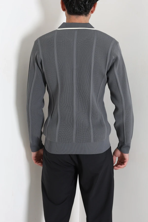 Çizgili Polo Yaka Erkek Triko Sweat Antrasit 8