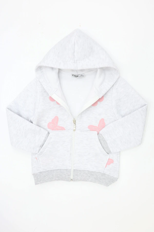 Kız Çocuk Gri Fermuarlı Kapüşonlu İki İplik Sweatshirt 4