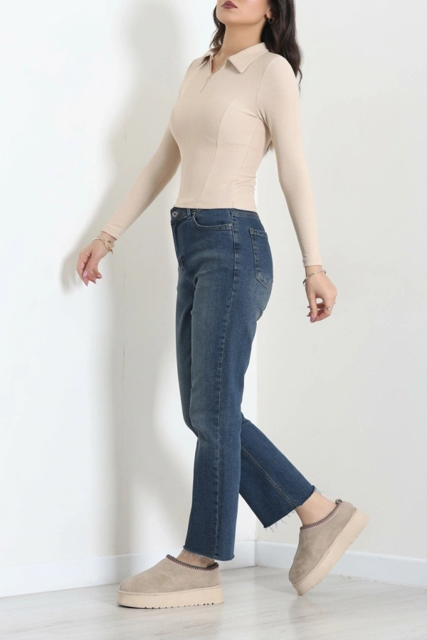 Polo Yaka Fermuarlı Body Bej 4