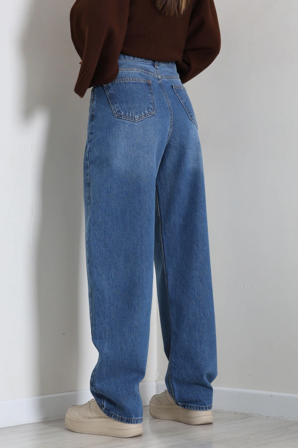 Kadın Mavi Baggy Fit Yüksek Bel Bol Paça Kot Pantolon 7