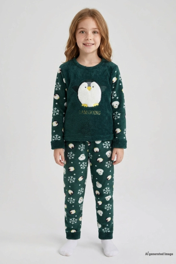 Çocuk Koyu Yeşil Welsoft Pijama Takımı Rahat Kalıp