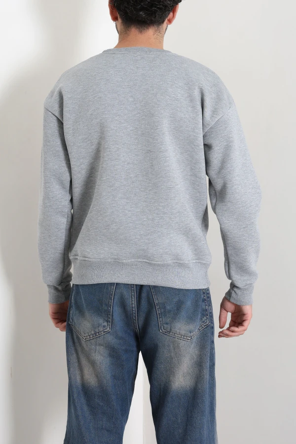 Bisiklet Yaka Baskılı Şardonlu 3 İplik Erkek Sweat Gri 8
