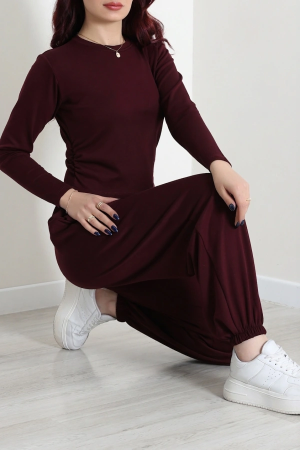 Kadın Mürdüm Yandan Büzgülü Crop Üst İkili Takım 7