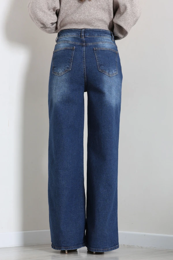 Kadın Koyu Mavi Yüksek Bel Wide Leg Kot Pantolon 7