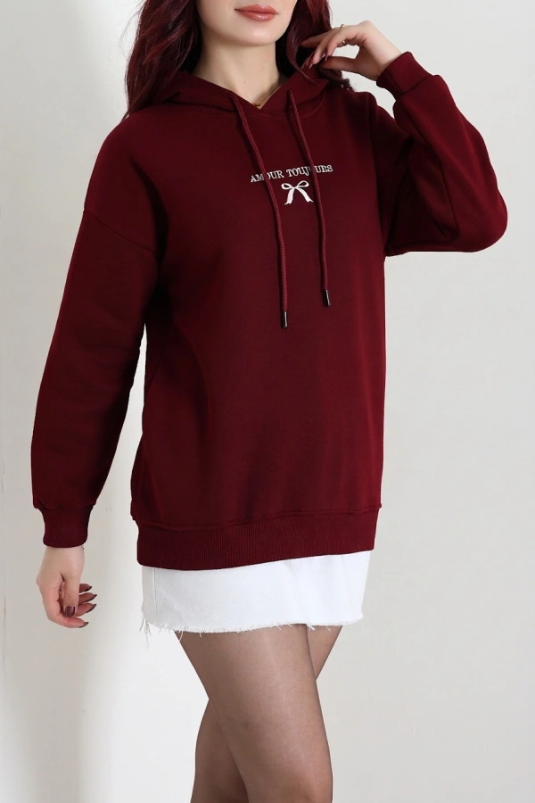 Kadın Bordo Üç İplik Kapüşonlu Nakışlı Sweatshirt 6