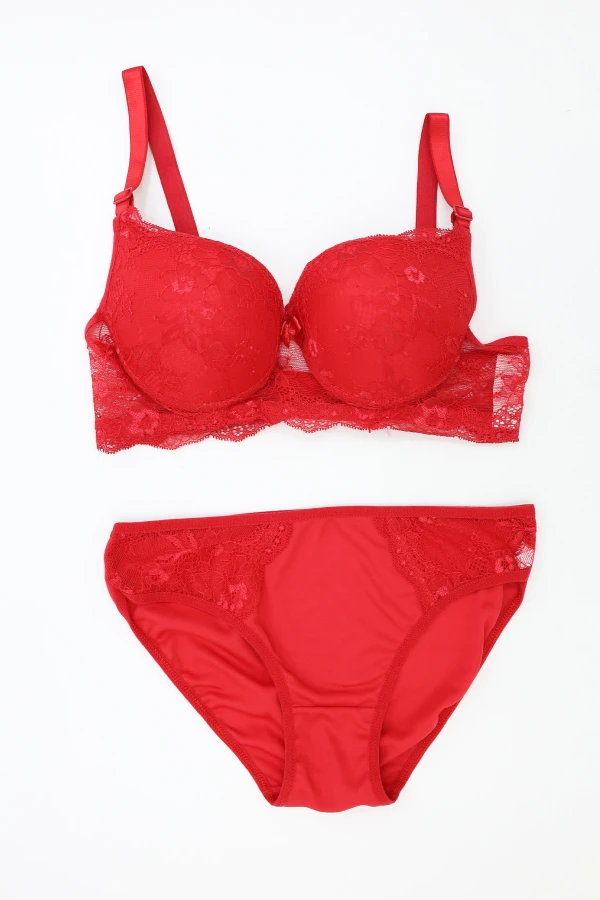 Kadın Kırmızı Dantelli Dolgulu Sütyen Takımı Bralet 7