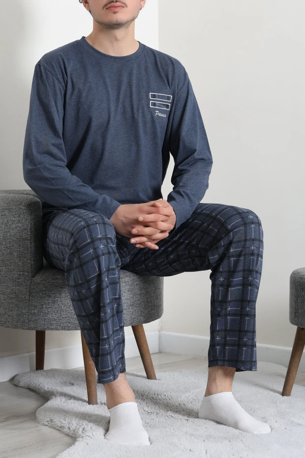 Erkek Koyu Mavi Süprem Ekose Bisiklet Yaka Uzun Kol Cepli Pijama Takımı 4
