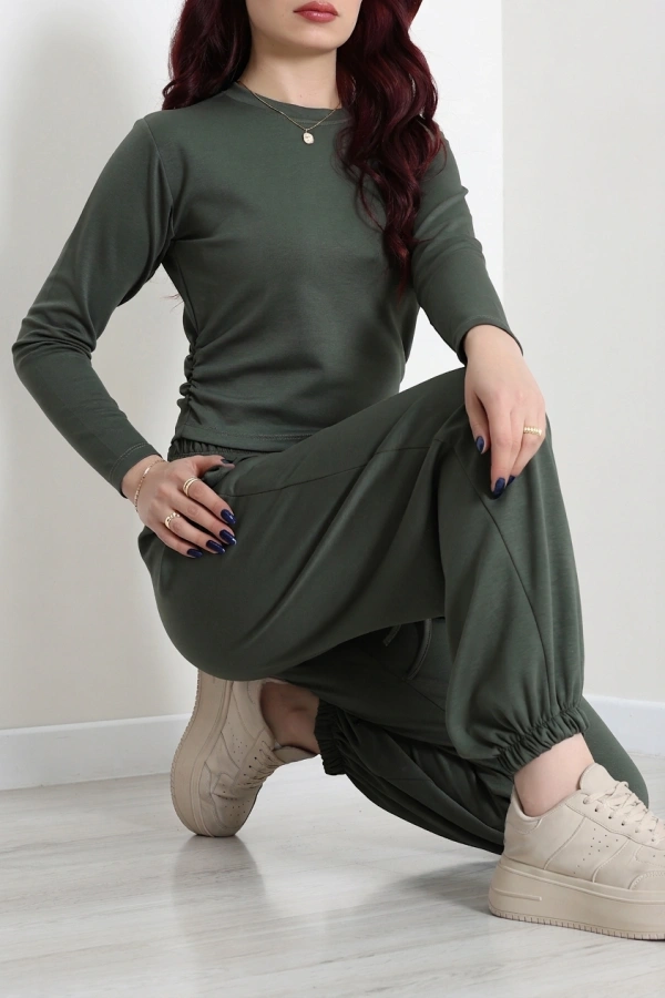 Kadın Haki Yandan Büzgülü Crop Üst İkili Takım 6