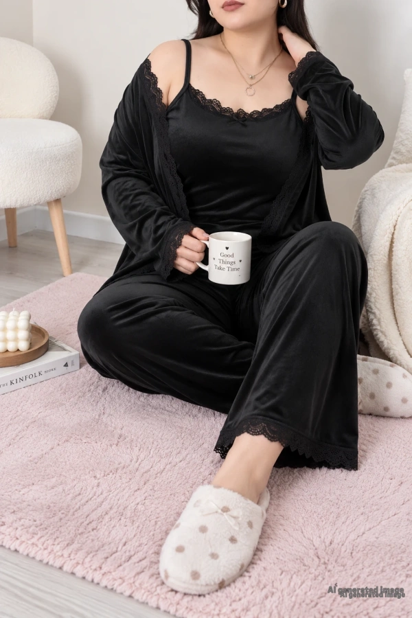 Fransız Kadife Battal Pijama Takımı Siyah