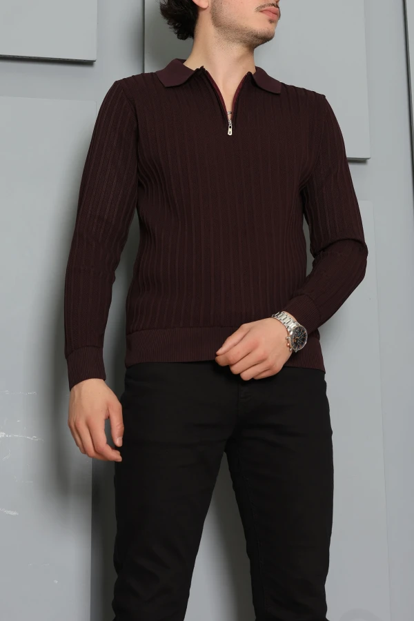 Yarım Fermuarlı Polo Yaka Erkek Triko Mürdüm 5