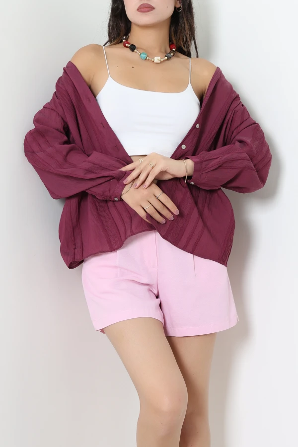 Çizgili Oversize Gömlek Mürdüm 3