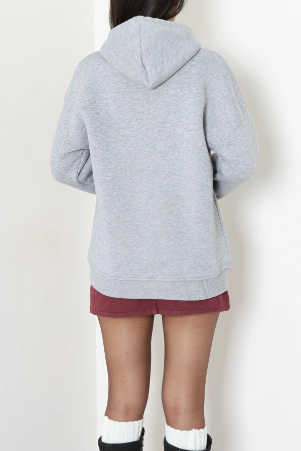 Kadın Gri Üç İplik Kapüşonlu Baskılı Sweatshirt Tunik 8