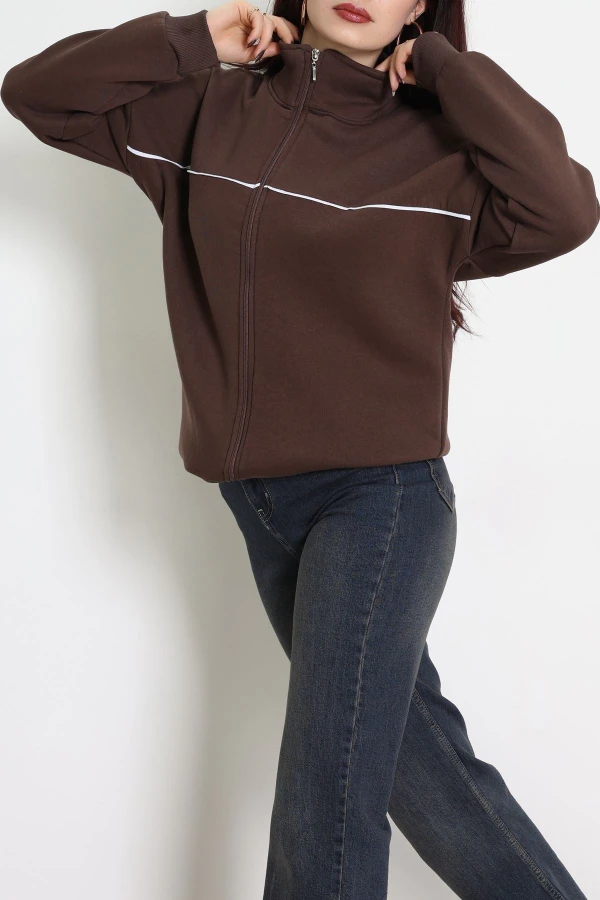 3 İplik Kompakt Oversize Biye Detaylı Sweat Kahve 3