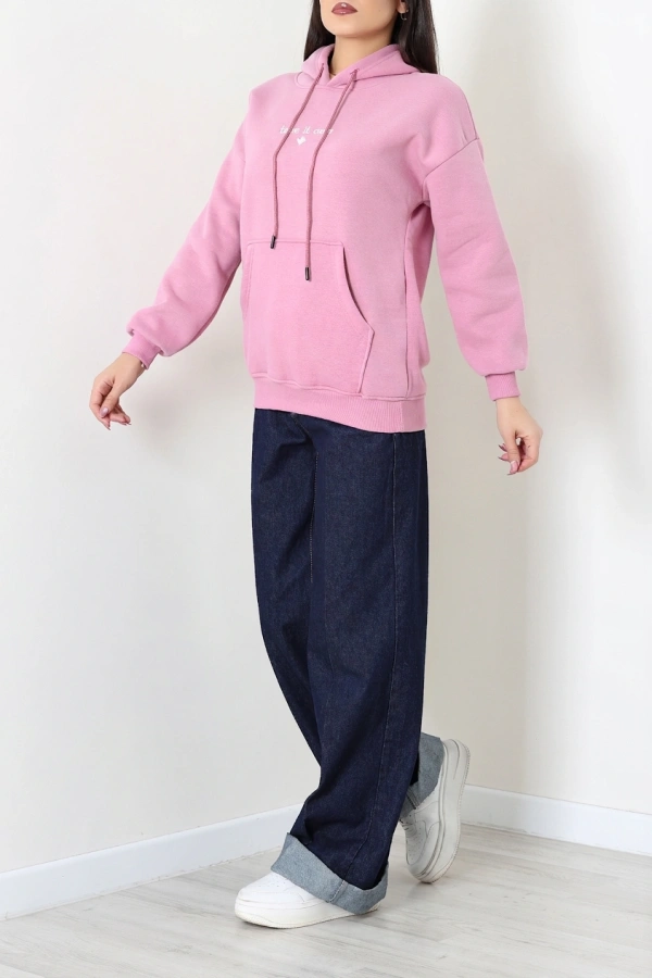 Kadın Pembe Üç İplik Kapüşonlu Nakışlı Sweat Tunik 4