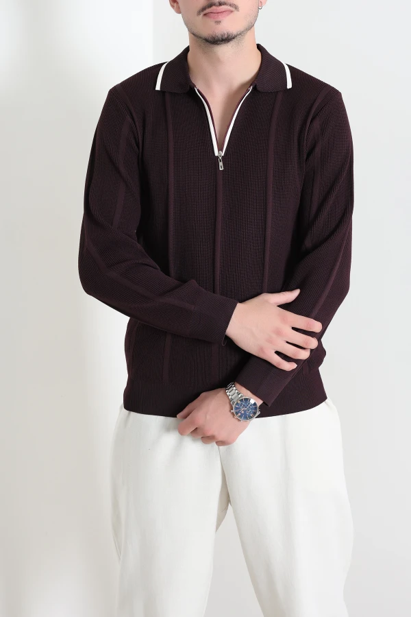 Çizgili Polo Yaka Erkek Triko Sweat Mürdüm 3
