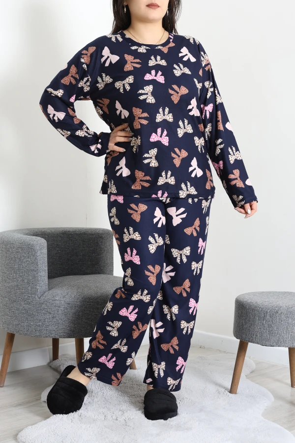 Süet Büyük Beden Alt Üst Aynı Pijama Takımı Lacivertkurdele