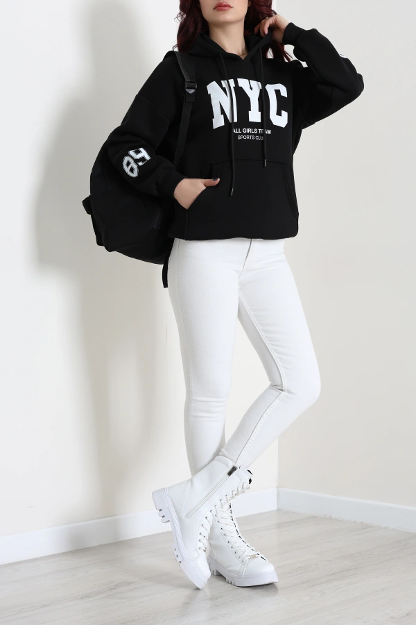 Kadın Siyah Kapüşonlu Baskılı Oversize Sweat 4