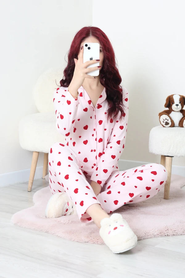 Kadın Pembe Kalpli Süet Düğmeli Pijama Takımı 3