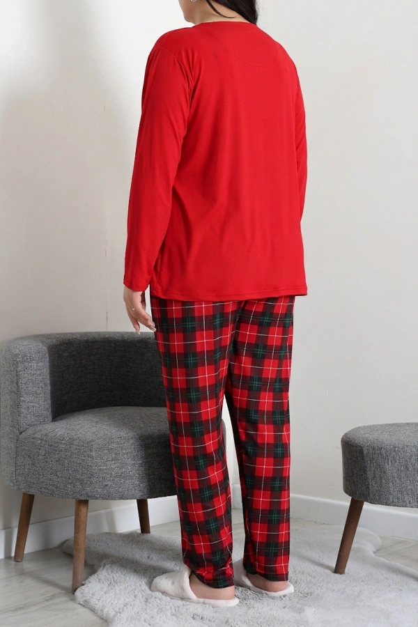 Kadın Kırmızı Ekose Desenli Büyük Beden Baskılı Pijama Takımı 6