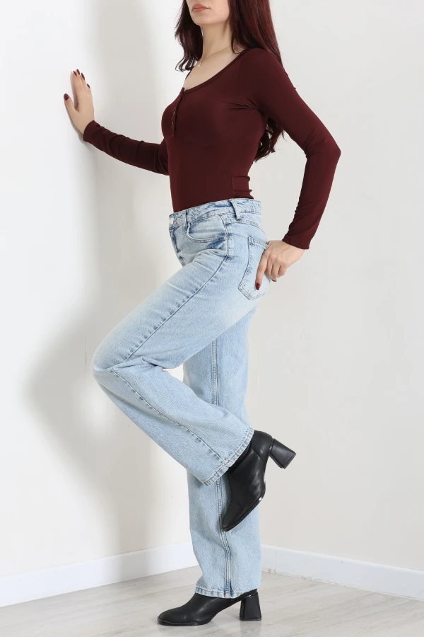 Kadın Bordo Dalgıç Bisiklet Yaka Uzun Kol Çıtçıtlı Body 6