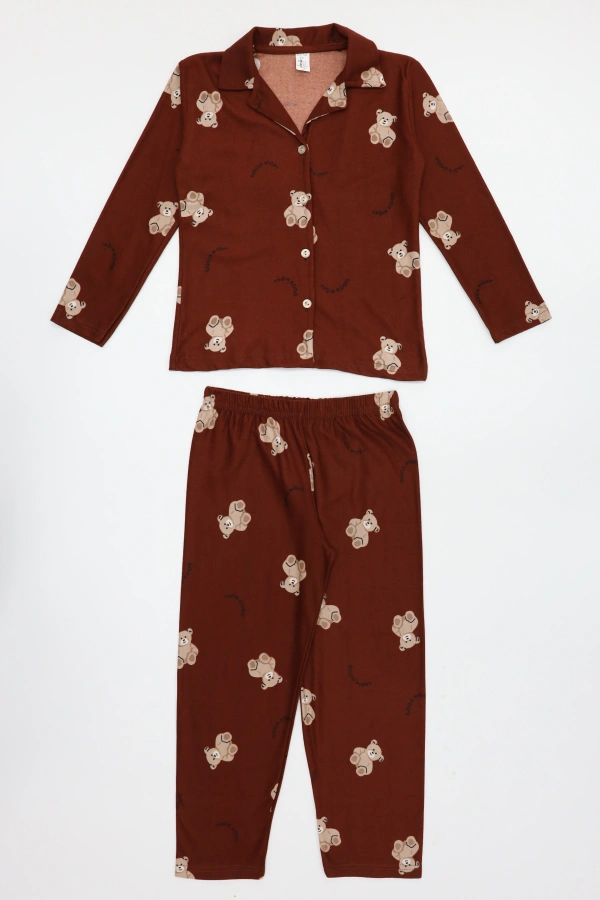 5-12 Yaş Baskılı Süet Düğmeli Çocuk Pijama Takımı Kiremit 5
