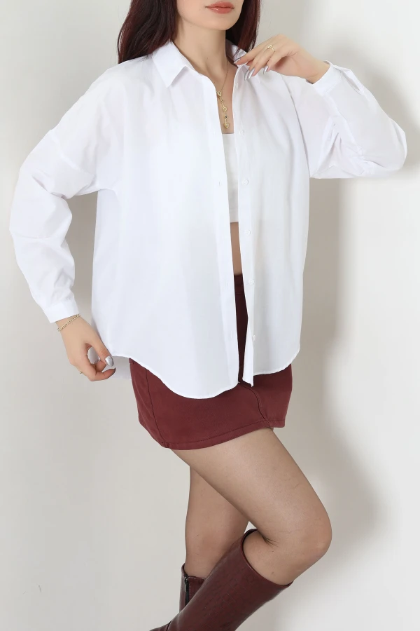 Düşük Omuz Oversize Poplin Gömlek Beyaz 5