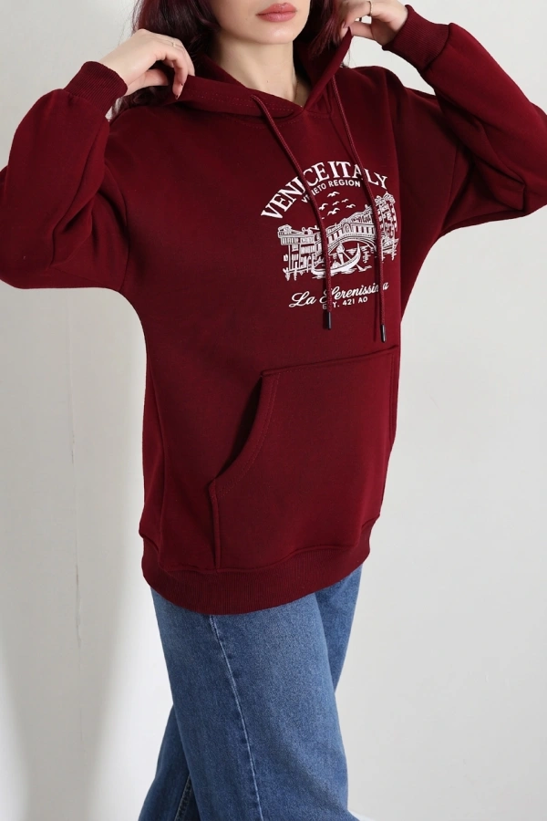 Kapşonlu Baskılı Sweat Bordo 5