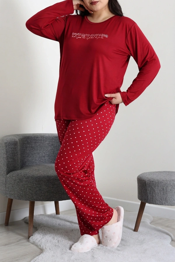 Kadın Kırmızı Puanlı Büyük Beden Baskılı Pijama Takımı 3