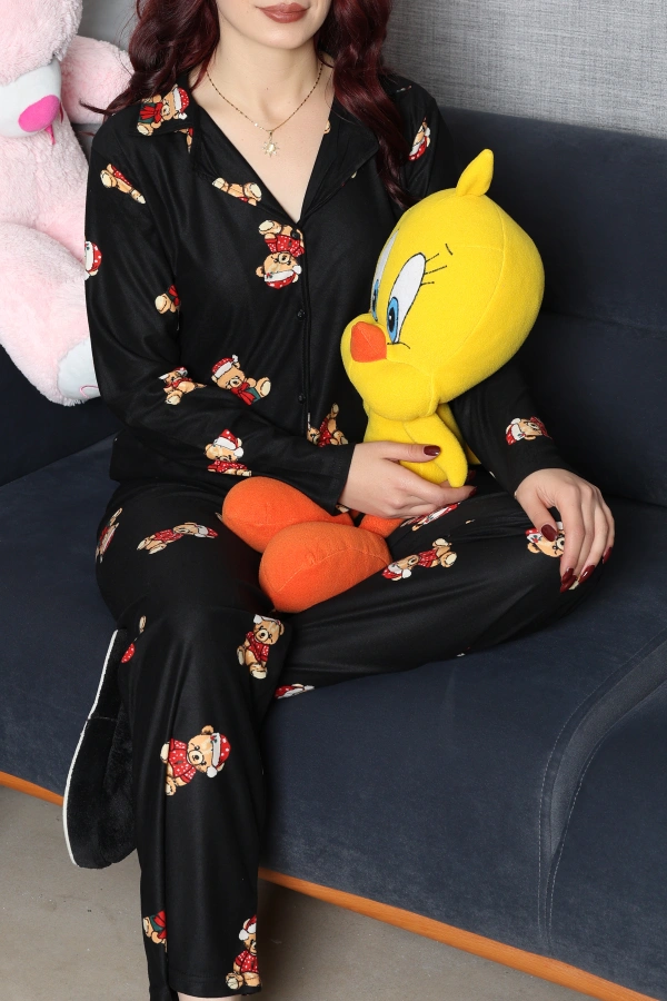 Kadın Siyah Kırmızı Süet Düğmeli Pijama Takımı 4