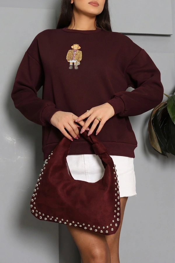 Kadın Mürdüm 3 İplik Şardonlu Baskılı Sweat Tunik 5