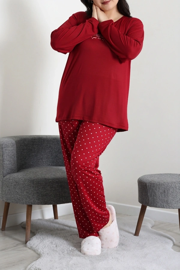 Kadın Kırmızı Puanlı Büyük Beden Baskılı Pijama Takımı 5